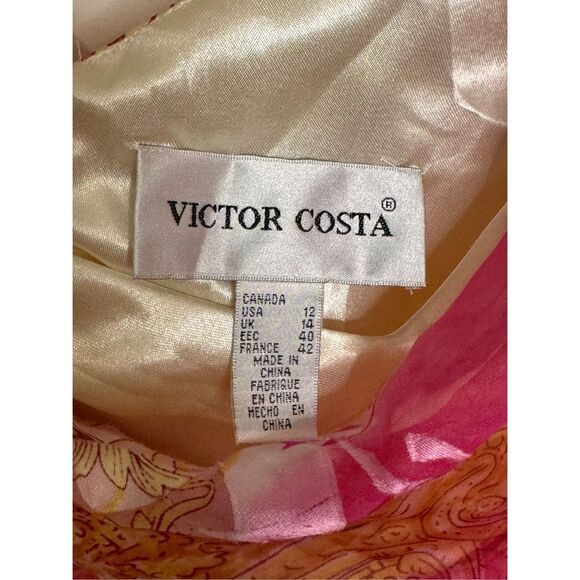 Victor Costa Y2K Pink and Yellow Paisley Silk Party Dress 12 - Picture 3 of 7